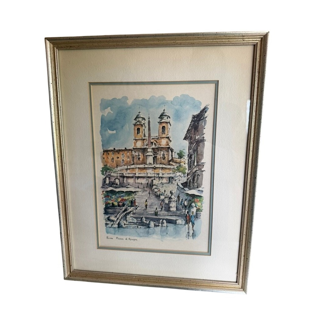 J. Bottell Original Watercolor Rome Piazza di Spagna Framed Italian Cityscape